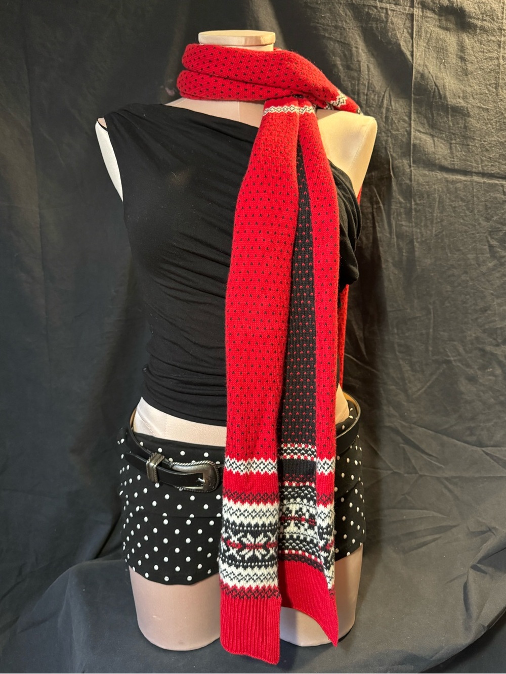 Red Fair Isle Knit‎ Scarf - Women's Winter Accessory